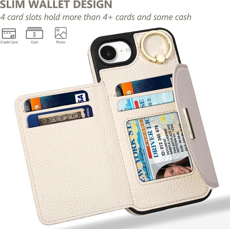 Keallce Wallet Case for iPhone 16e, Flip Case with Card Slots, Ring Holder Kickstand, PU Leather Protective Folio Cover for Women, Beige - Image 2
